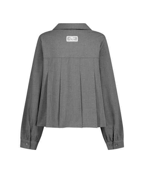 RIBBON PLEATS BLOUSE GRAY