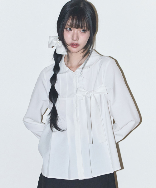 RIBBON PLEATS BLOUSE WHITE