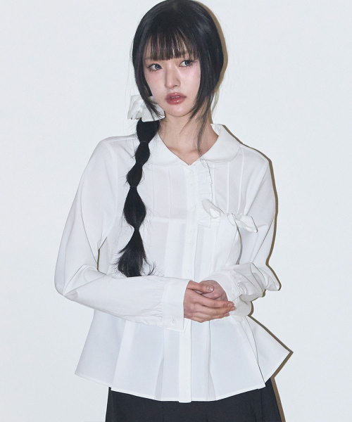 RIBBON PLEATS BLOUSE WHITE
