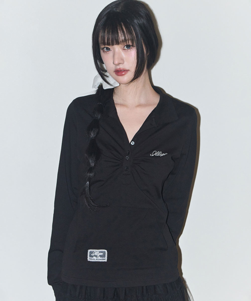 OPEN COLLAR LONG SLEEVE TOP BLACK