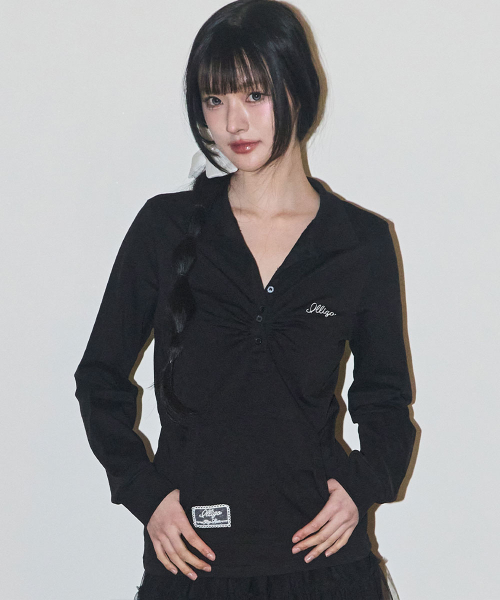 OPEN COLLAR LONG SLEEVE TOP BLACK