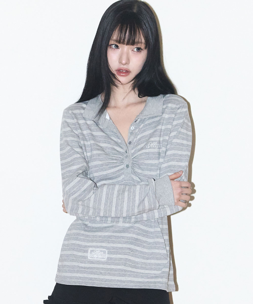 OPEN COLLAR LONG SLEEVE TOP MELANGE
