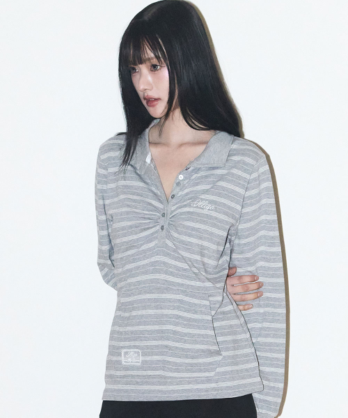 OPEN COLLAR LONG SLEEVE TOP MELANGE
