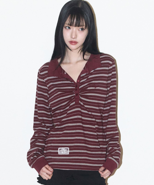 OPEN COLLAR LONG SLEEVE TOP BURGUNDY