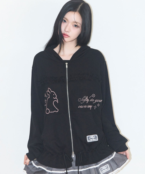 CROCHET RABBIT HOODED ZIP-UP BLACK