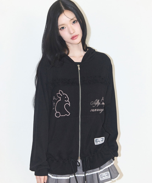 CROCHET RABBIT HOODED ZIP-UP BLACK