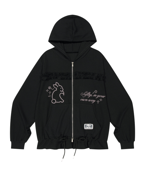 CROCHET RABBIT HOODED ZIP-UP BLACK