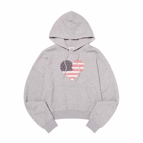 CHERRY USA HEART APPLIQUE CROP HOODIE(MELANGE GRAY)