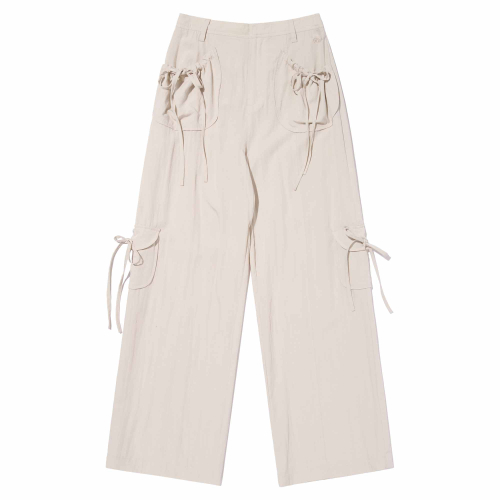 RIBBON POCKET WOVEN CARGO PANTS(LIGHT BEIGE)