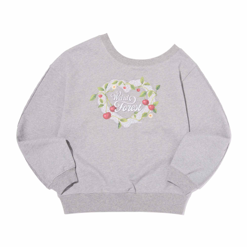 CHERRY GRAPHIC OFF-SHOULDER CROP SWEATSHIRT(MELANGE GRAY)