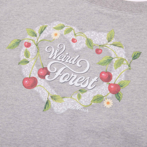 CHERRY GRAPHIC OFF-SHOULDER CROP SWEATSHIRT(MELANGE GRAY)