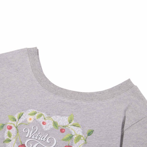 CHERRY GRAPHIC OFF-SHOULDER CROP SWEATSHIRT(MELANGE GRAY)