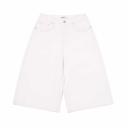 POCKET RIBBON DETAIL WIDE-FIT DENIM SHORTS(WHITE)