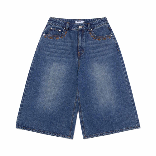 POCKET RIBBON DETAIL WIDE-FIT DENIM SHORTS(BLUE)