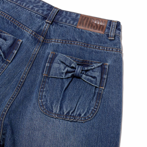 POCKET RIBBON DETAIL WIDE-FIT DENIM PANTS(BLUE)