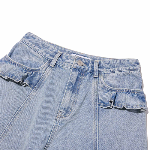 RUFFLE-DETAIL WIDE-FIT DENIM PANTS(LIGHT BLUE)
