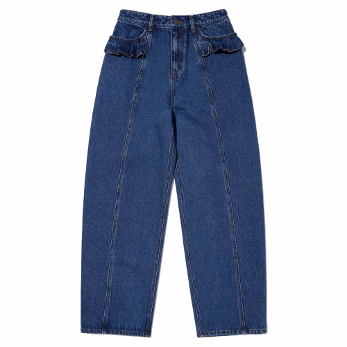 RUFFLE-DETAIL WIDE-FIT DENIM PANTS(DEEP BLUE)