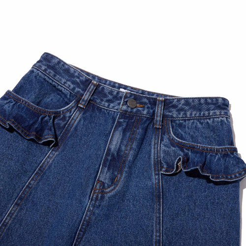 RUFFLE-DETAIL WIDE-FIT DENIM PANTS(DEEP BLUE)