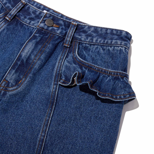RUFFLE-DETAIL WIDE-FIT DENIM PANTS(DEEP BLUE)