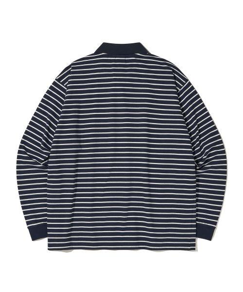Paris Stripe Long sleeves Polo T-Shirt_DARK NAVY