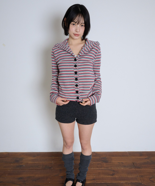 STRIPED HIGH NECK BUTTON CARDIGAN - GRAY