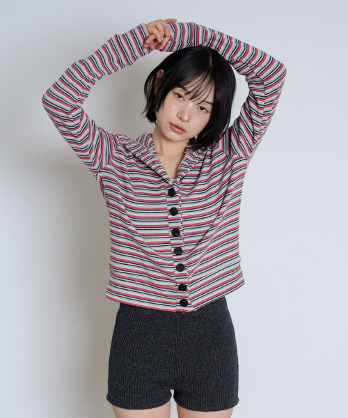 STRIPED HIGH NECK BUTTON CARDIGAN - GRAY