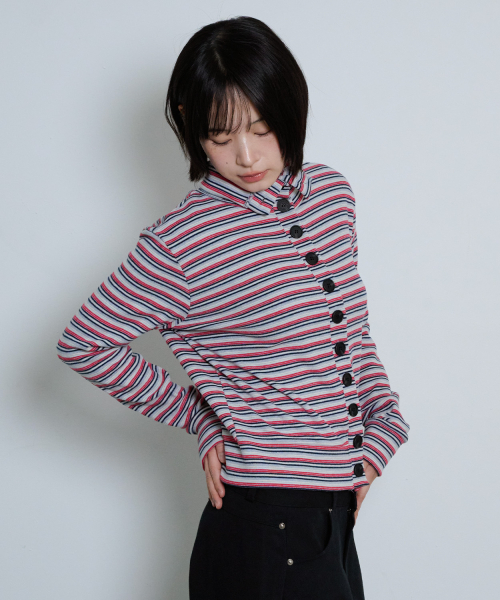 STRIPED HIGH NECK BUTTON CARDIGAN - GRAY
