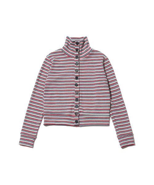 STRIPED HIGH NECK BUTTON CARDIGAN - GRAY