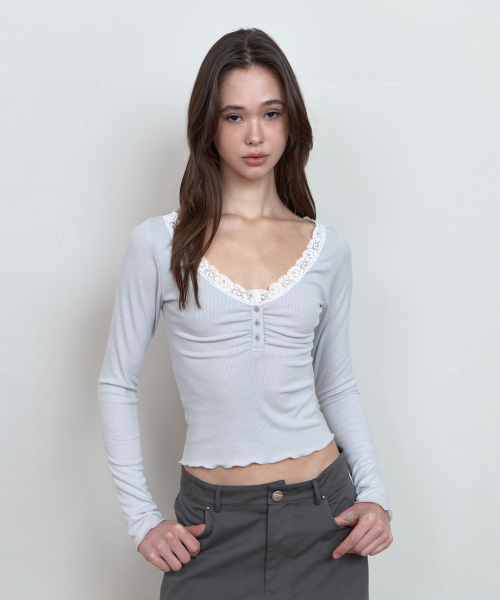 C LACE BUTTON T-SHIRT_LIGHT GREY