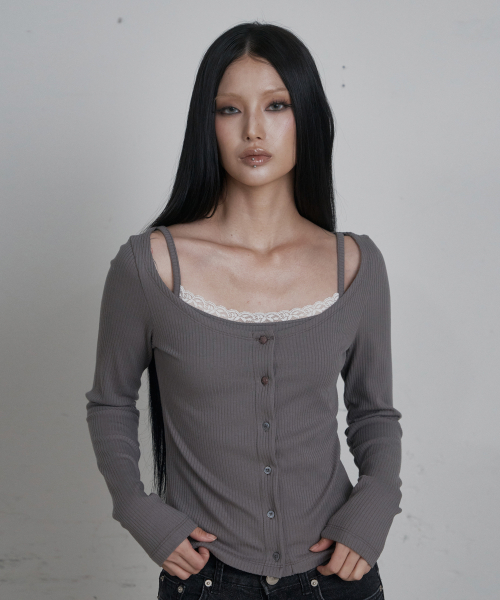 C 2-WAY ROSE BUTTON CARDIGAN SET_CHARCOAL