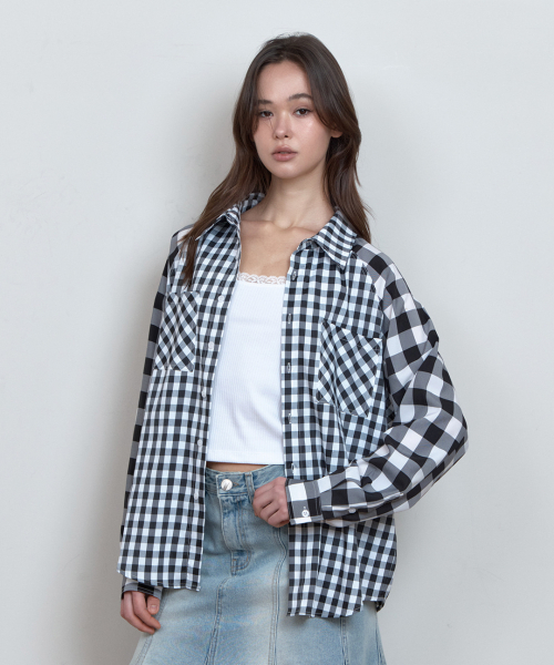C COLOR BLOCK CHECK OVERSIZED SHIRT_BLACK