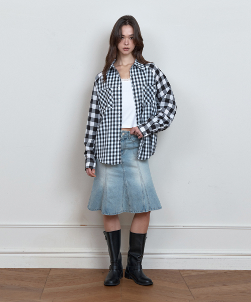 C COLOR BLOCK CHECK OVERSIZED SHIRT_BLACK