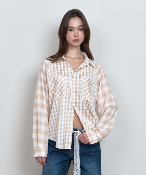 C COLOR BLOCK CHECK OVERSIZED SHIRT_BEIGE