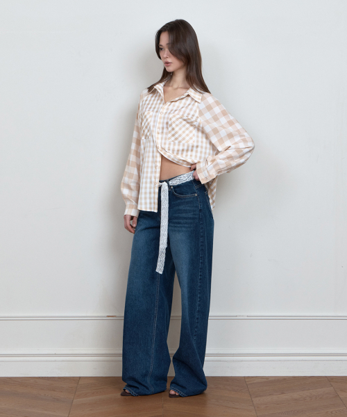 C COLOR BLOCK CHECK OVERSIZED SHIRT_BEIGE