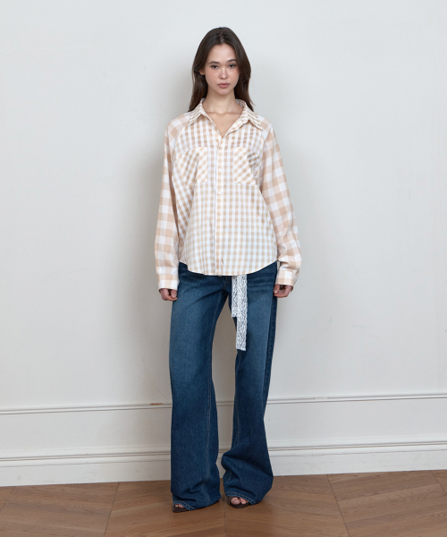 C COLOR BLOCK CHECK OVERSIZED SHIRT_BEIGE