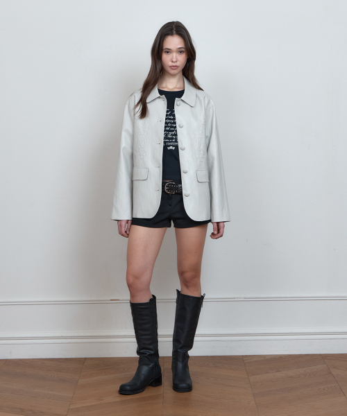 C ROSE-STITCH LEATHER JACKET_GREY