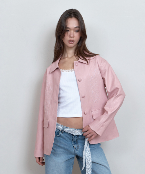 C ROSE-STITCH LEATHER JACKET_PINK