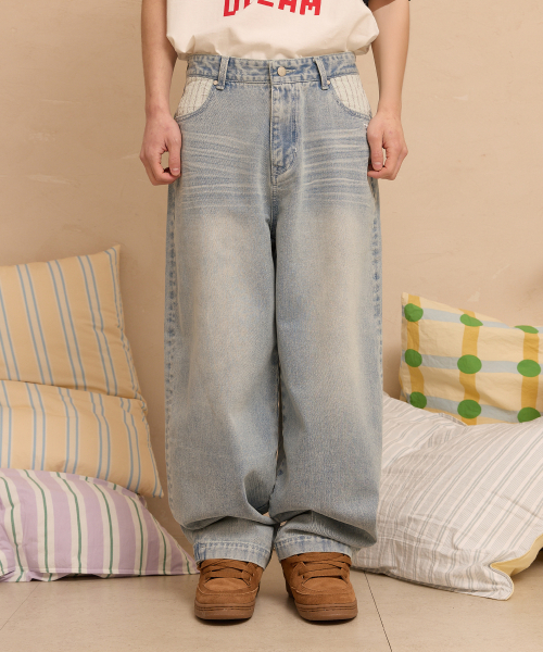 Back Maltese Embroidery Flap Denim Pants LIGHT BLUE