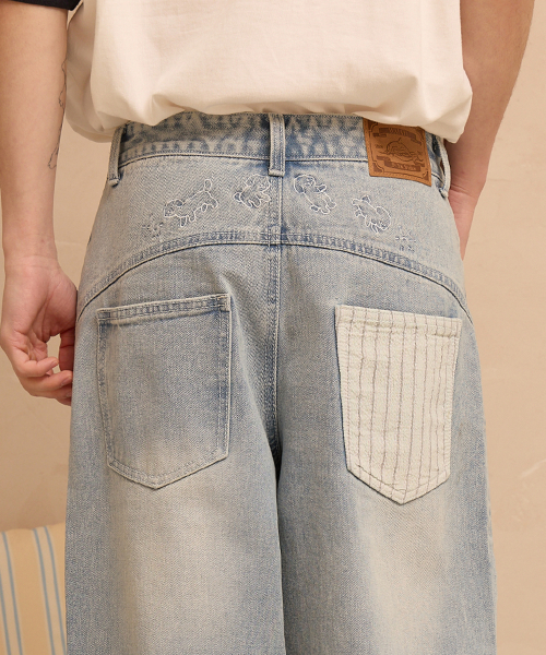 Back Maltese Embroidery Flap Denim Pants LIGHT BLUE