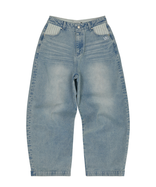 Back Maltese Embroidery Flap Denim Pants LIGHT BLUE