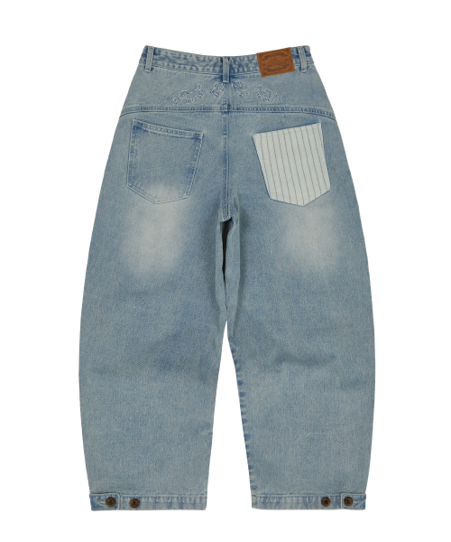 Back Maltese Embroidery Flap Denim Pants LIGHT BLUE