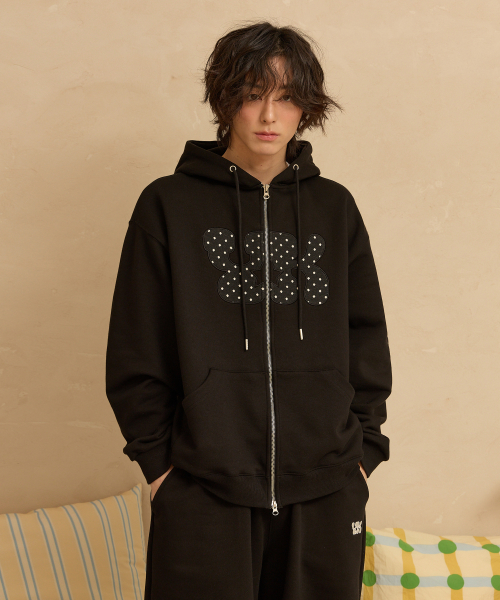 YK Applique Dot Hood Zip Up BLACK
