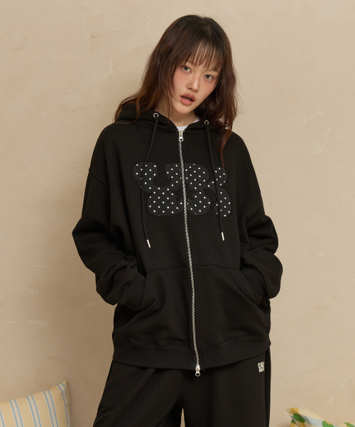 YK Applique Dot Hood Zip Up BLACK