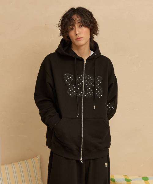 YK Applique Dot Hood Zip Up BLACK