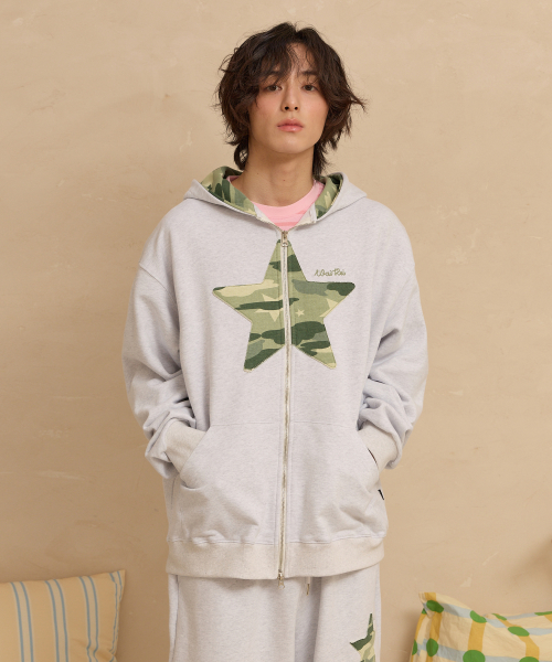 Big Star Applique Hood Zip Up MELANGE WHITE