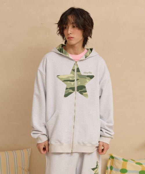 Big Star Applique Hood Zip Up MELANGE WHITE