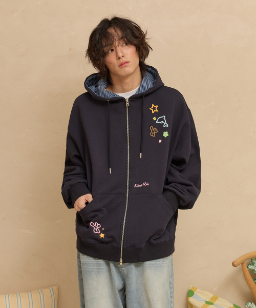Star Dolphin Emboss Graphic Hood Zip Up NAVY