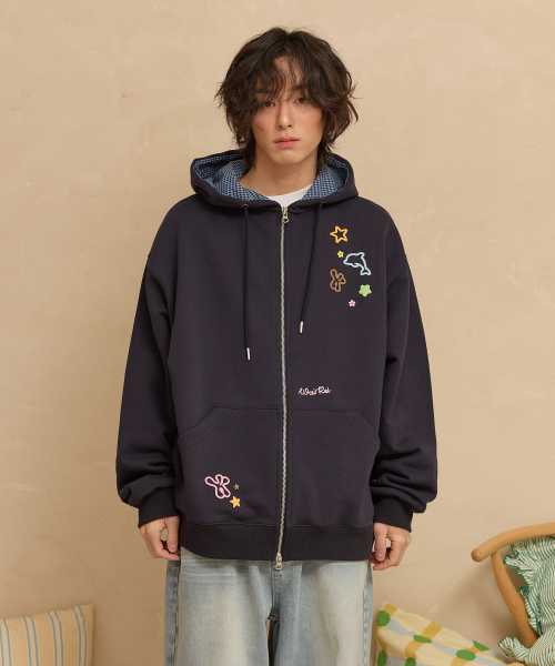 Star Dolphin Emboss Graphic Hood Zip Up NAVY