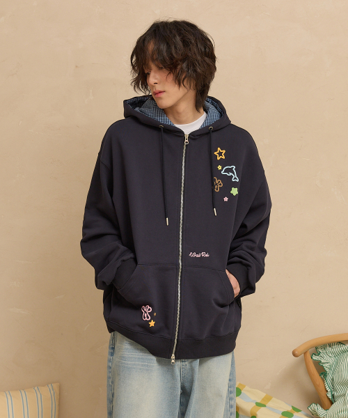 Star Dolphin Emboss Graphic Hood Zip Up NAVY