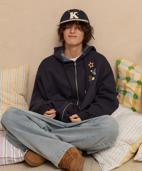 Star Dolphin Emboss Graphic Hood Zip Up NAVY